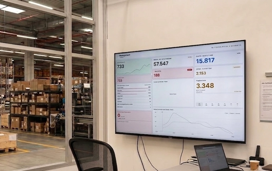 max.dash Dashboards-Ansicht auf einem Wandmonitor am Arbeitsplatz im Lager: Paketmengen für heute, laufenden Monat und die letzten sieben Tage, offene Aufträge, Durchsatz-Ampel und Tagesprognose