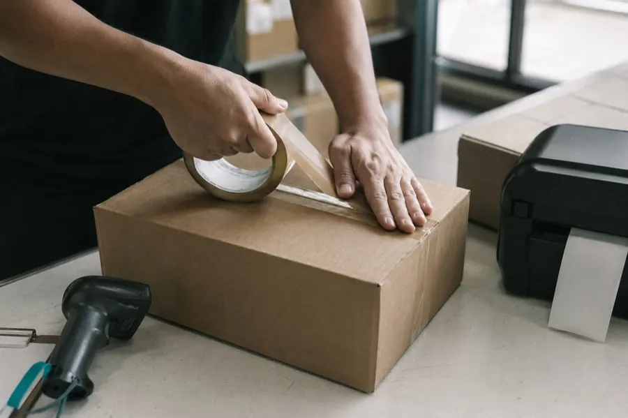 Paket wird im Lager kommissioniert und versandfertig gemacht